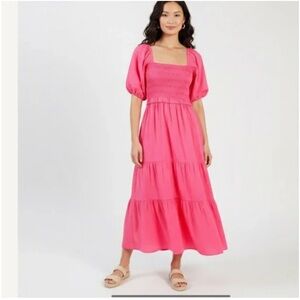 Xirena Smocked Puff Sleeve Tiered Pink Chiara Maxi Dress